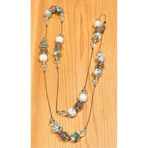 Necklace - Silver and Clear Crystal Beads and Moss Green & White Colored Beads|